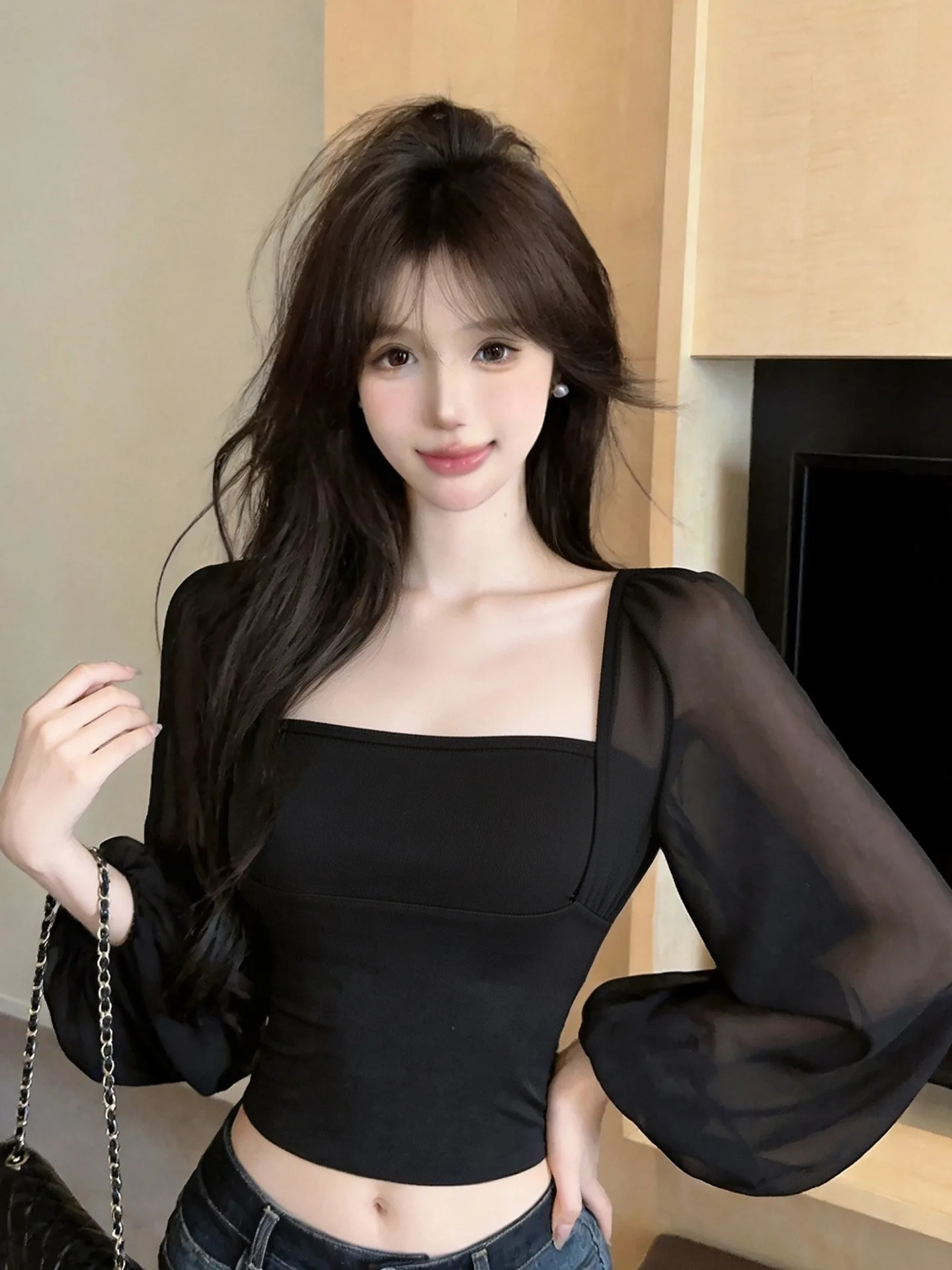 Pure Desire Spicy Girl Lace Lantern Sleeve Long Sleeve T-Shirt Women's Short Style Belly Baring Slimming Batwing Top