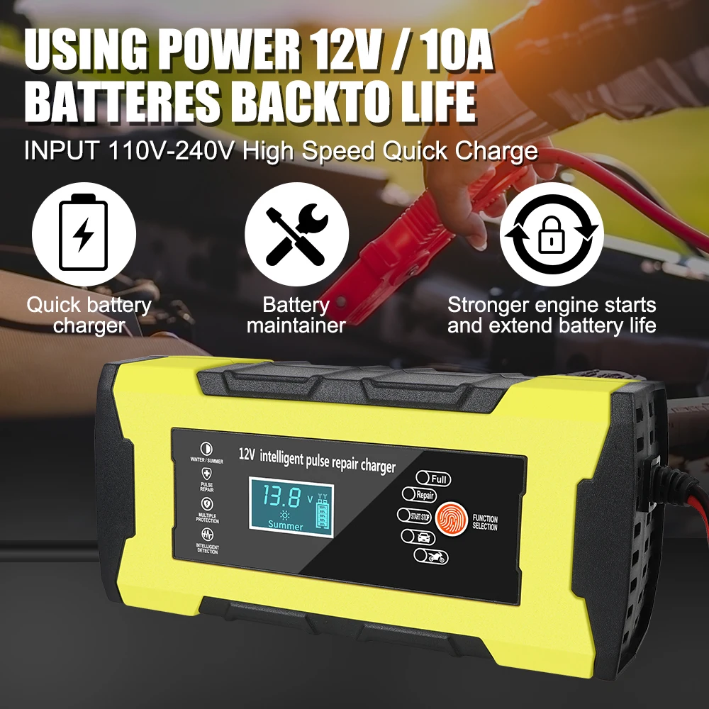 Automatic Smart Fast Digital LCD Display Car Motorcycl Battery Charger Auto Pulse Repair 12V 10A Intelligent Fast Power Charging