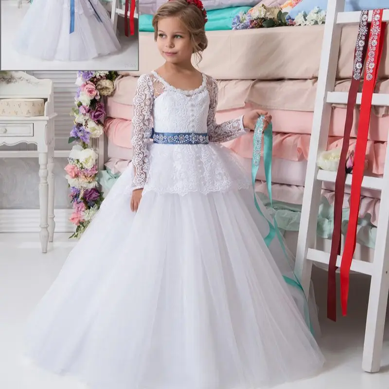 

Lace Tulle Flower Girl Dress Bows Children's First Communion Dress Princess Ball Gown Wedding Party Dresses 2022