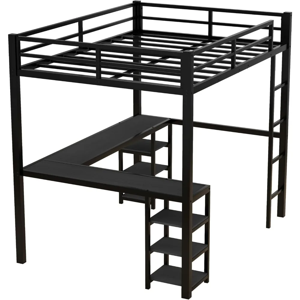 Full Size Loft Bed with Stairs and Desk, Metal Loft Bed with LED Light,  Bed Frame with Storage Shelves and Charging Station