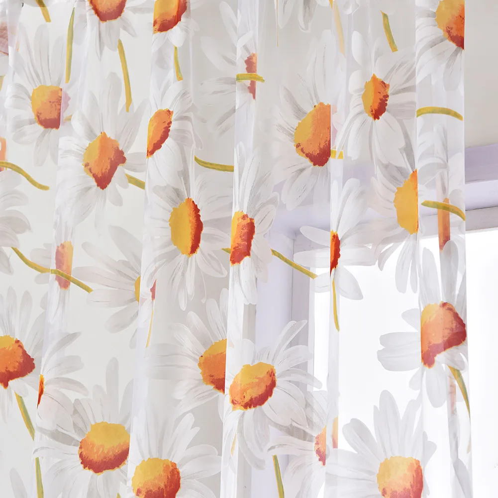 Cortinas impresas para sala de estar, pantalla de ventana con estampado de margaritas, producto terminado, cortina de tul de flores, decoración del hogar