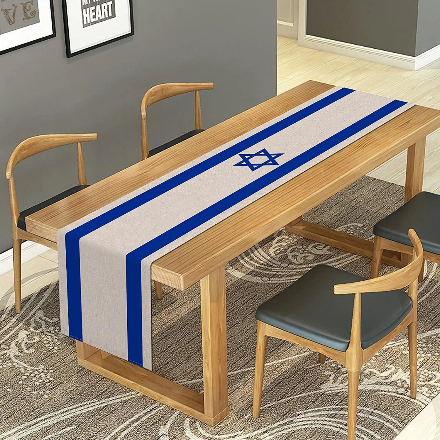 Linen Israel Flag Table Runner Jewish Table Decoration for Passover Rosh Hashanah Sukkot Sukkah Kitchen Dinning Room Party Decor