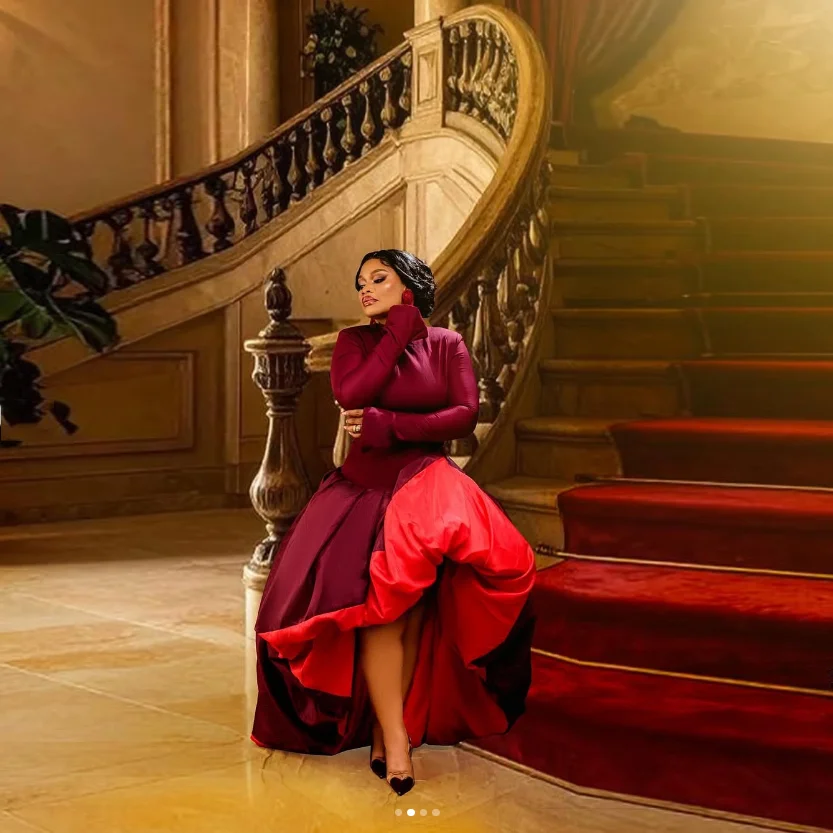 Robe de bal 2 couleurs, rouge bordeaux, manches longues, robe de soirée asymétrique en taffetas, drapée sur mesure