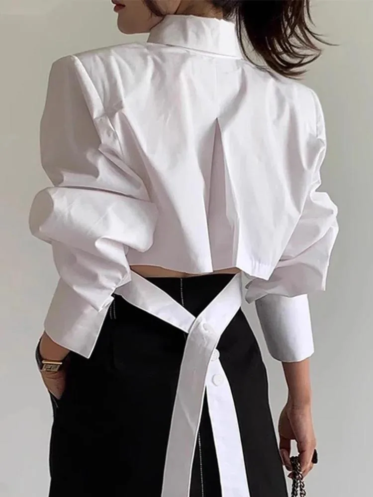 

Hollow Out Bandage Buckle Shirt Women Long Sleeve Single Breasted Blusas 2025 Autumn Spring New Fashion White Top