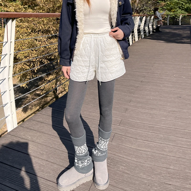 LanCharm 2025 automne hiver coréen taille haute chaud femmes pantalons décontractés diamant-motif épaissi minceur bottes Shorts