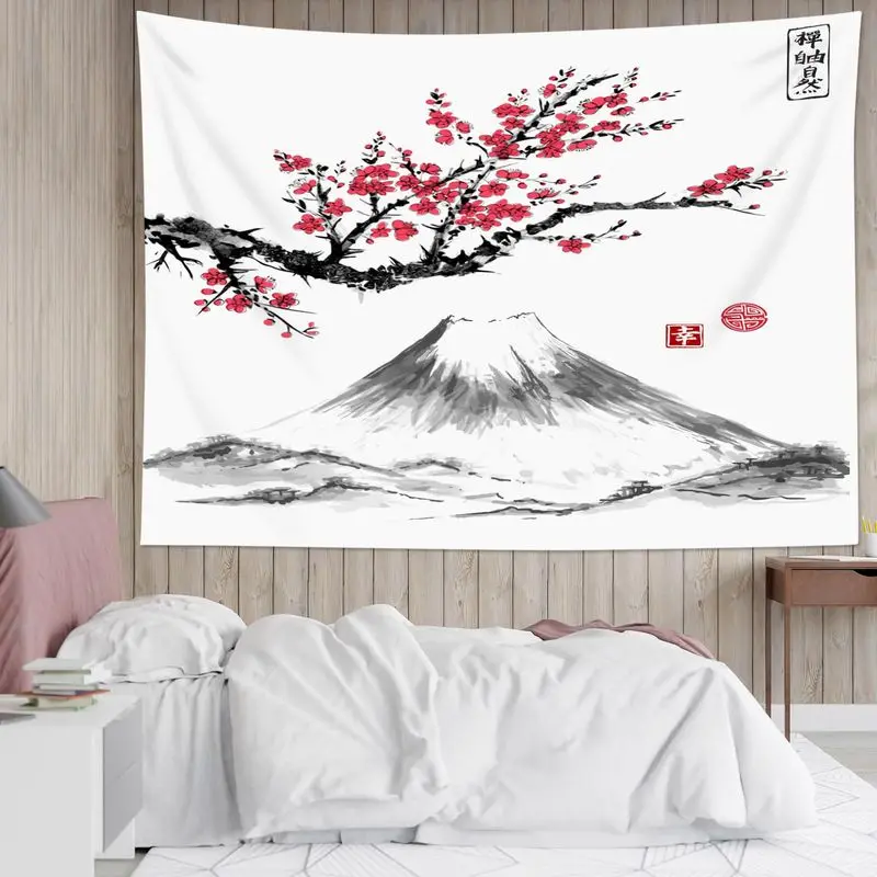 VIKAMA Japanese Ink Wash Tapestry Wall Hanging Mount Fuji Red Plum Blossom Zen Sumi E Aesthetic Wall Art Bedroom Decor