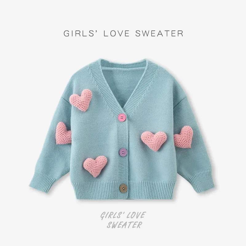 Children clothing girls long sleeved cardigan autumn 2023 new western-style sweater children\'s baby sweater love jacket