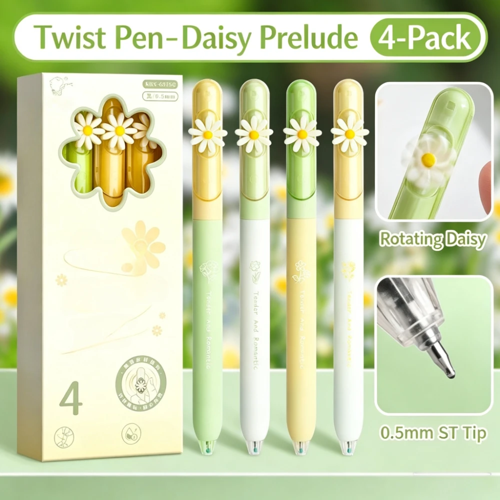 4-Piece Rotating Gel Pen, Quick-Drying Black Ink, Windmill, Daisy, Butterfly Designs, Various Styles of Writing Pens