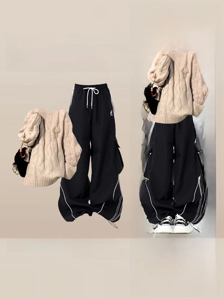 

Soft Cozy Women's Knitwear Set with Drawstring Sporty Casual Pants Autumn Winter Loose Fit V-Neck Long Sleeve Loose Style