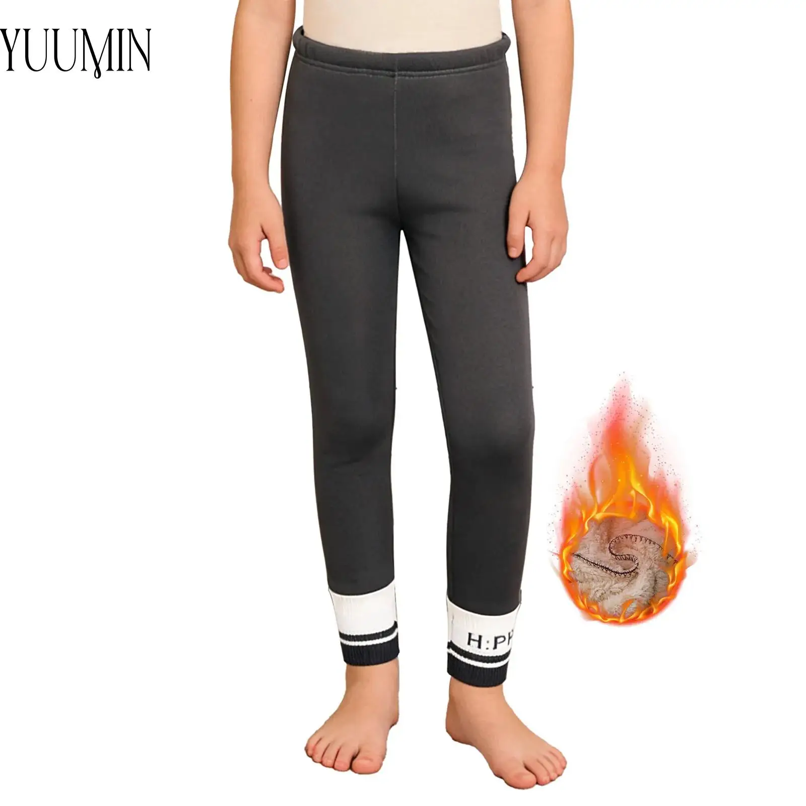 

Children's Warm Fleece-Lined Tight Leggings Girls Elastic Waistband Knitted Leg Openings Casual Pants for Sports Yoga Running