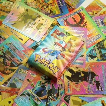 27-55 adet Pokemon renkli altın folyo kart Charizard Pikachu Arceus gümüş gökkuşağı İngilizce İspanyolca VSTAR VMAX kartı