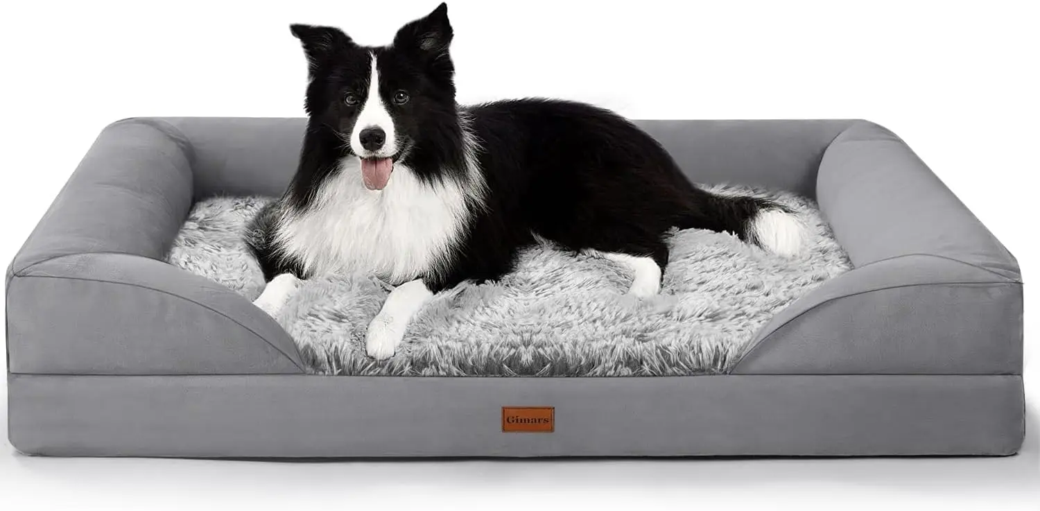

3.7in Thickened Orthopedic Dog Bed for Large Dogs, Supportive L Dog Sofa Bed with Bolster & 28D Egg-Crate Mattress
