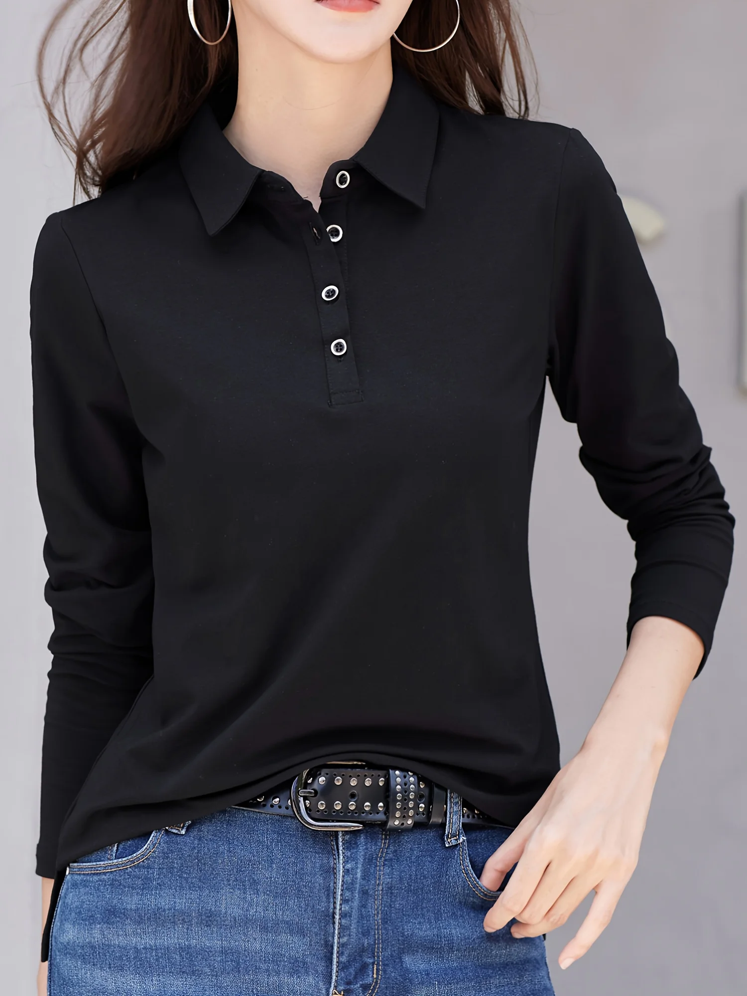 Solid Button Front T-shirt, Regular Fit  Versatile Long Sleeve Simple T-shirt For , Women\'s Clothing Comfort Fit Wardrobe Staple