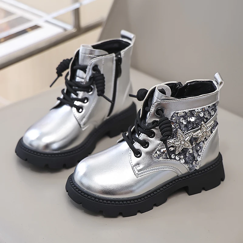 Baby Sweet Girls Sequin Round Toe Elegant Solid Color ZIP Banquet Spring Cute Catwalk Boots Tall Square Heels Kids Spoft Shoes