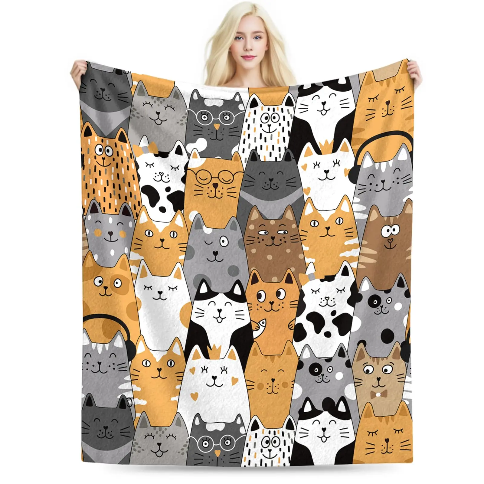 Cartoon Kitten Blanket Gift, Comfortable Lap and Sofa Decoration Blanket with A Cat on It Cute Illustration Suitable for Girls