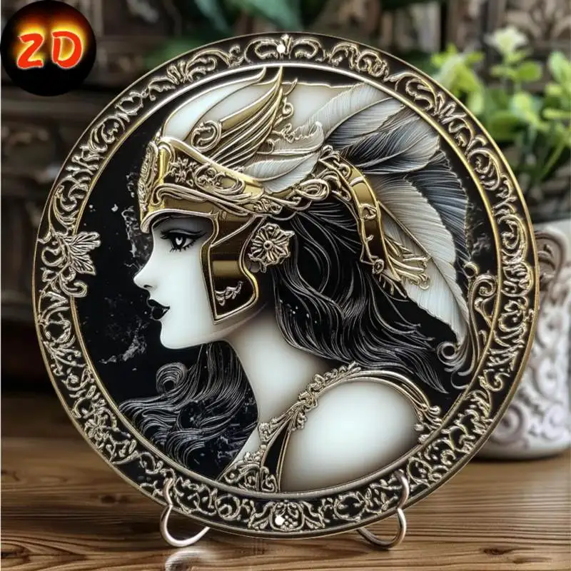 

Athena Goddess Elegant Round Aluminum Wall Plaque, Golden & Black, Intricate Design for Home, Office Decor，Party Gifts