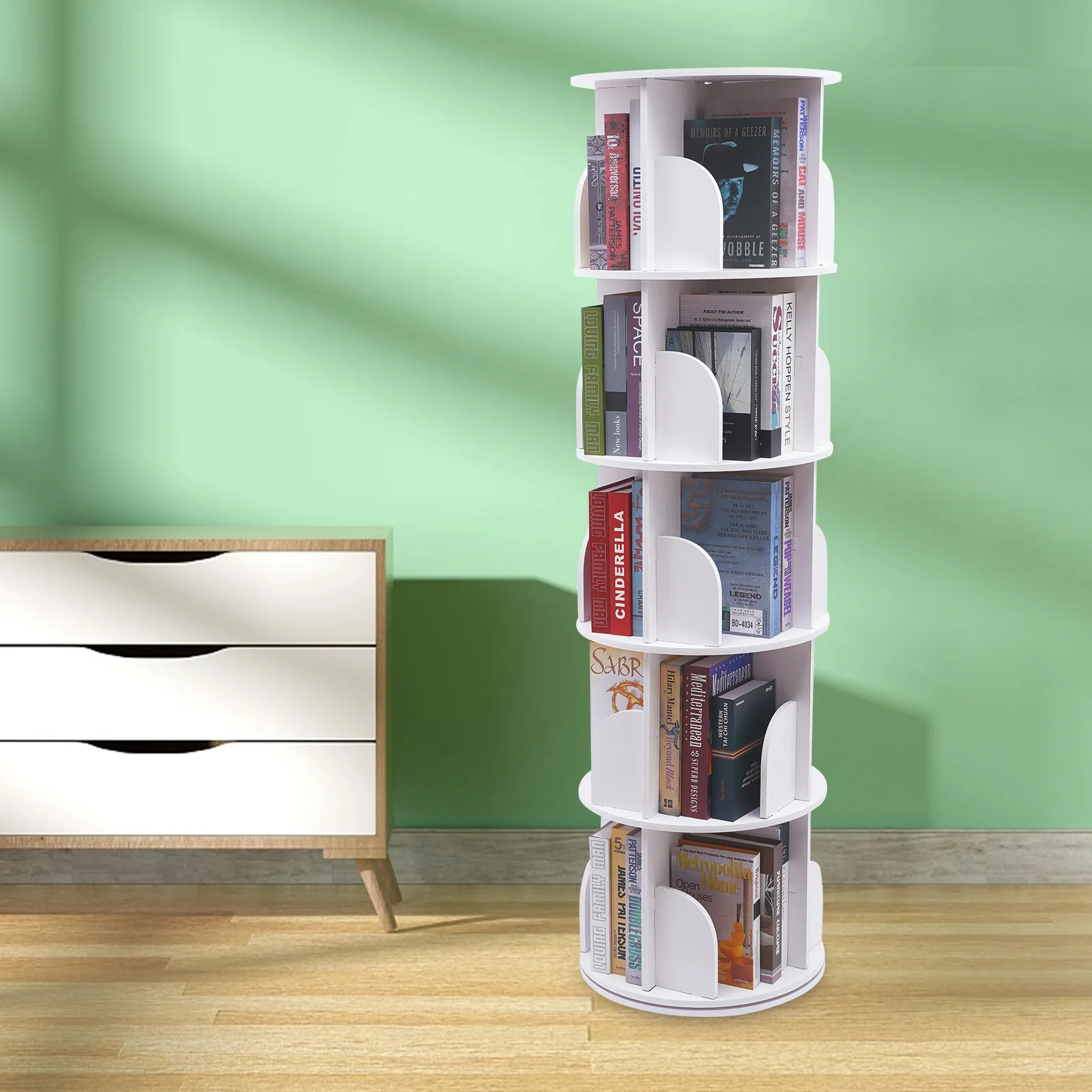 360° Rotating 5-tier Bookshelf Bookcase Storage Furniture Freestanding Display Rack W/ Phone Holder Effortless Cleaning