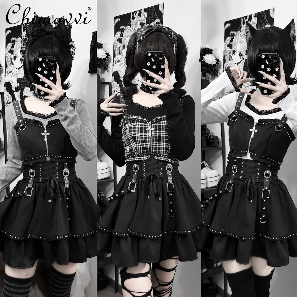 

Japanese Subculture Gothic Rivet Lace Outfit Spring Autumn Dark Cool Girl Long-sleeve Camisole Top and Skirt Punk Women's Set