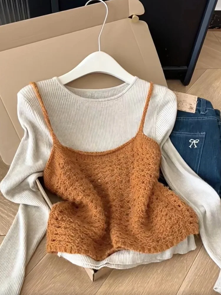 

Корейский мягкий вязаный жилет с вырезами, женский осенний однотонный облегающий базовый топ, комплект из двух предметов, повседневный модный образ