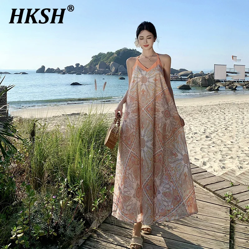 

HKSH 2025 Spring Summer New Women Y2K Chic Printed Camisole Dress Vacation Stylish Long Skirt Fashion Elegant High Street HK4004