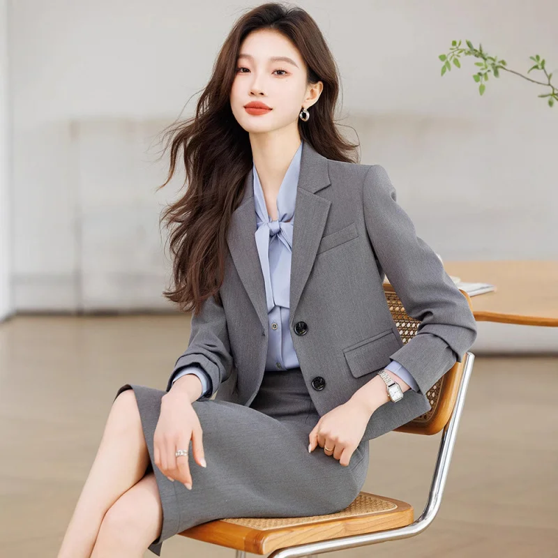 Professional Gray Suit Set for Women Autumn Season2025New High-End Interview Formal Dress Suit Workwear Blazer
