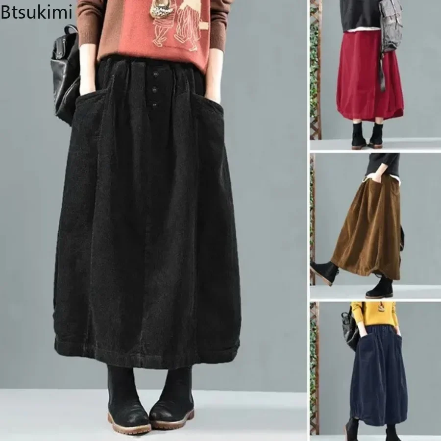 

New 2024 Women's Autumn Winter Corduroy Skirt Women Vintage Midi Long Skirts Female Elastic Waist A-line Pleated Skirt Big Size