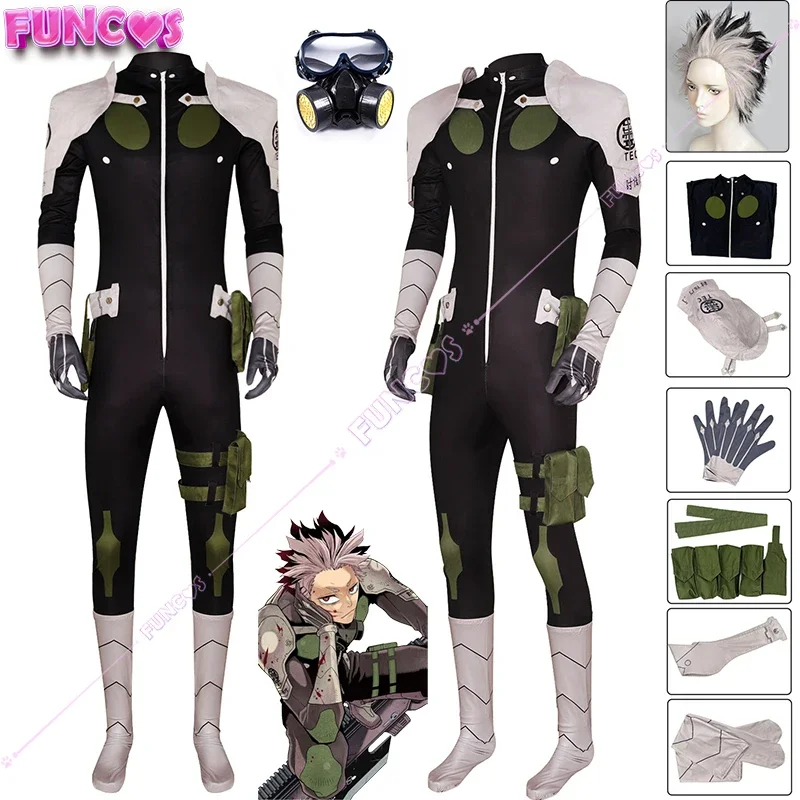 Anime Kaiju No. 8 Gen Narumi Cosplay Costume Wig Mask Jumpsuits Gloves Socks White Black Hair Defense Force Captain Combat Suit