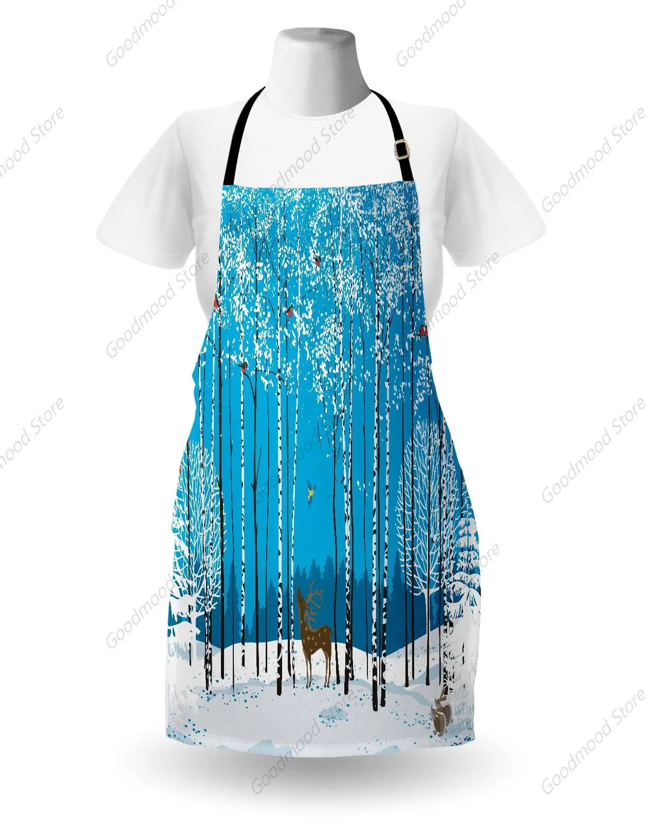 Christmas Apron Snow Covered Forest with Flock of Bullfinches Squirrels Bunnies Deer Noel Theme, Unisex Kitchen with Adjustable