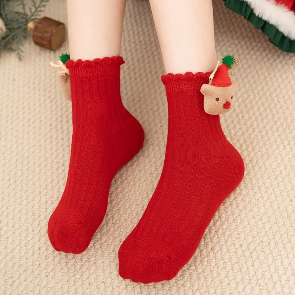 Soft Red Green Children Christmas Socks Antlers Bowknot Cartoon Socking Christmas Tree Stripe Mid Tube Socks Christmas