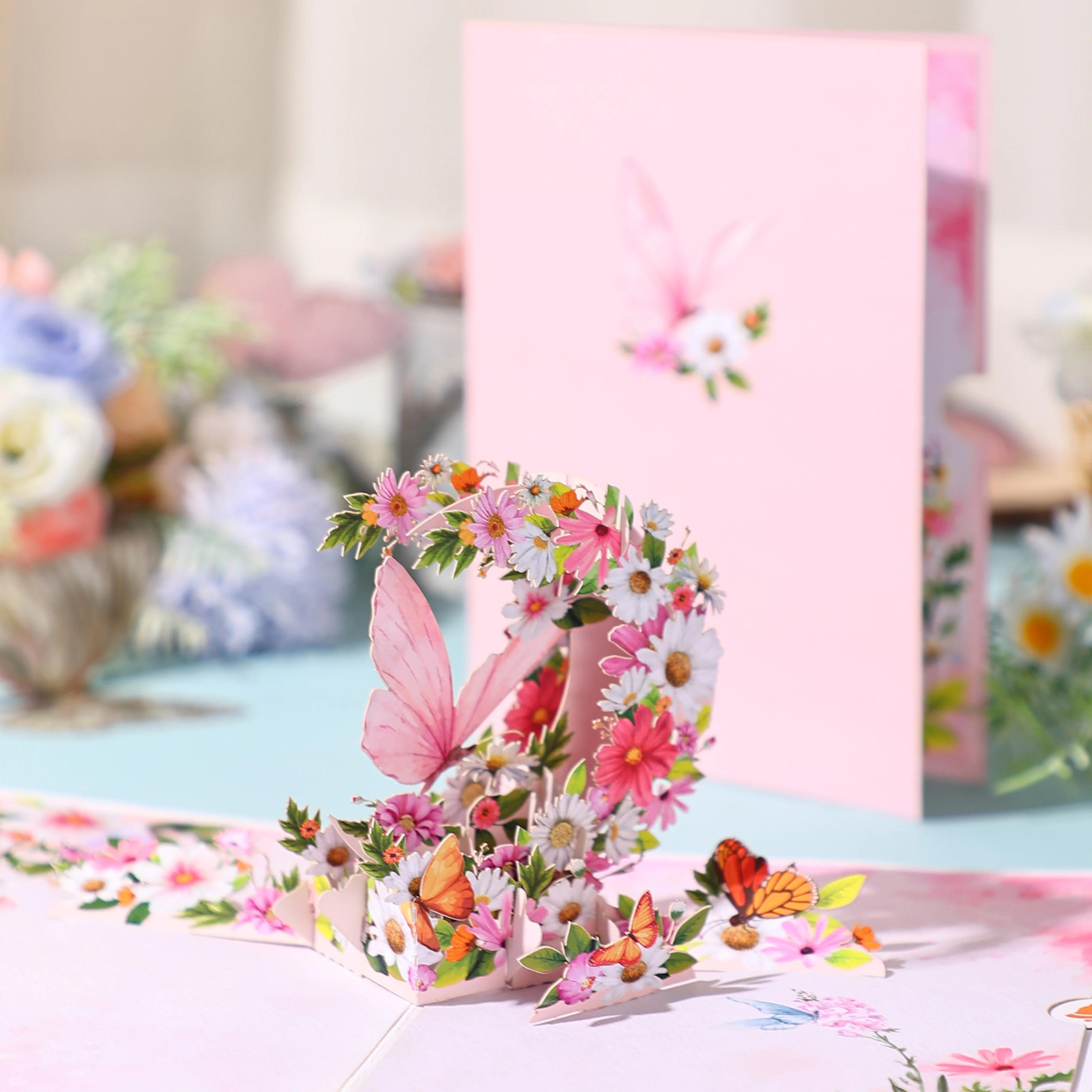 1pc Tulip Daisy Butterfly Pop-Up Card, Mother`s Day Valentine`s Day, Happy Birthday Greeting Card with Note
