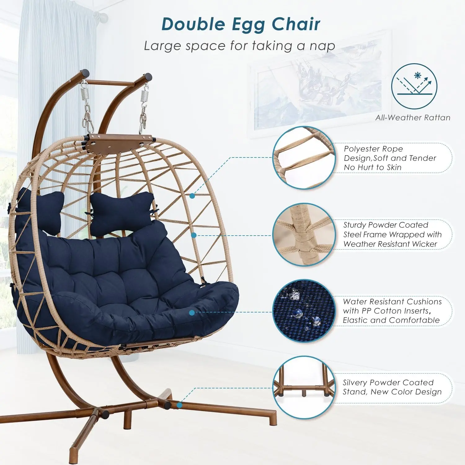 NICESOUL® Double Egg Chairs for Outside Navy 2 Person Egg Swing Chair with Stand Oversized Swing Chair Egg Swing Loveseat with S