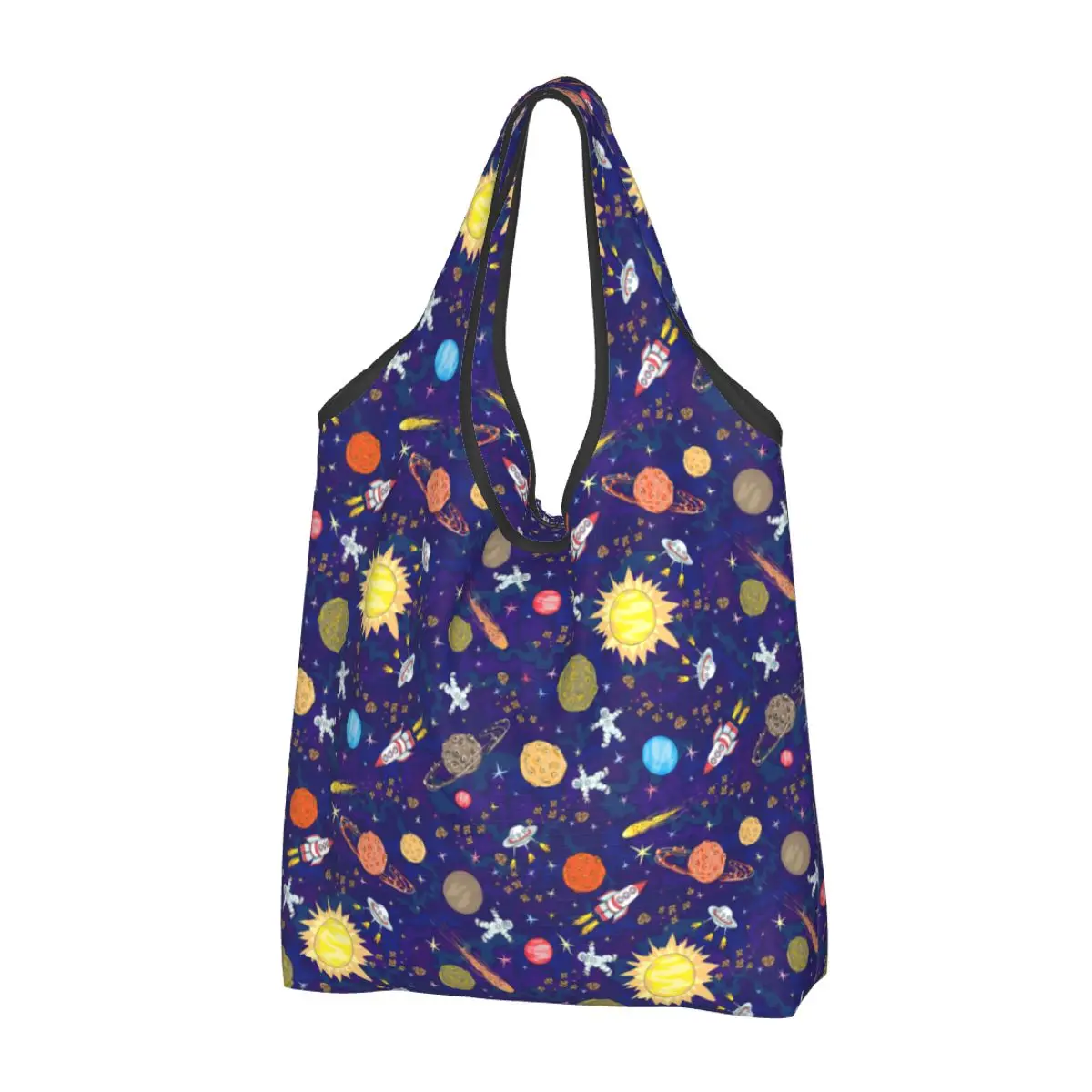 Custom Space Planet Rocket Shopping Bags Women Portable Big Capacity Groceries Universe Astronaut Spaceship Shopper Tote Bags