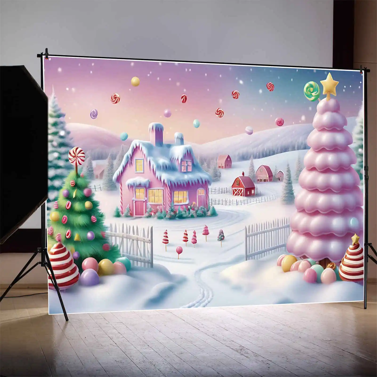 MOON.QG 2025 Christmas Village Home Decoration Photography Backdrop Winter Farm Large Big Tree Studio Background Xmas Back Drop