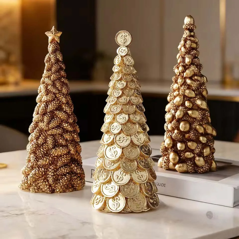 Luxury Gold Resins Christmas Tree Decoration Tabletop Display Handcrafted Holiday Figurine for Mantel Shelf and Office Desk