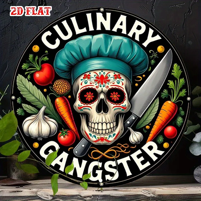 Vintage Culinary Gangster Rundes Blechschild, Retro Zucker-Schädel Koch Küchen-Gemüse-Messer Metall-Wandkunst, Rustikales Lustiges Koch-Kitzler-Schild