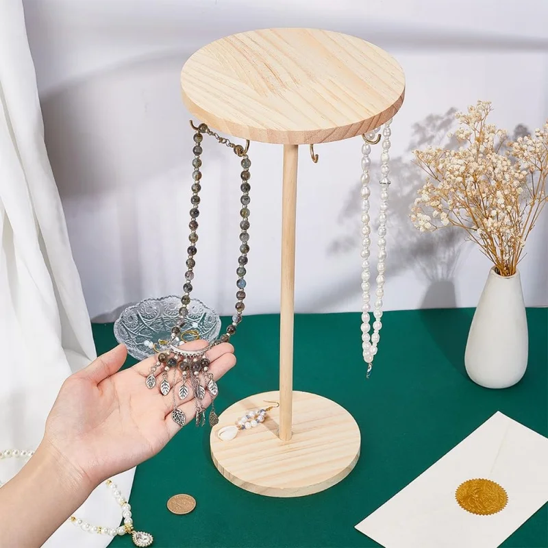 منظم مجوهرات خشبي مع 12/18 قطعة خطاف ذهبي، حامل عرض مجوهرات خشبية برج قاعدة مستديرة حامل قلادة للعروض #6