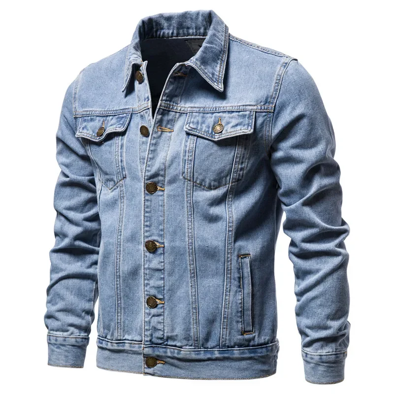 

2025 Men's Slim Fit Denim Jacket Solid Cotton Casual Motorcycle Vintage Black/Blue Jeans Jacket for Autumn Fashion