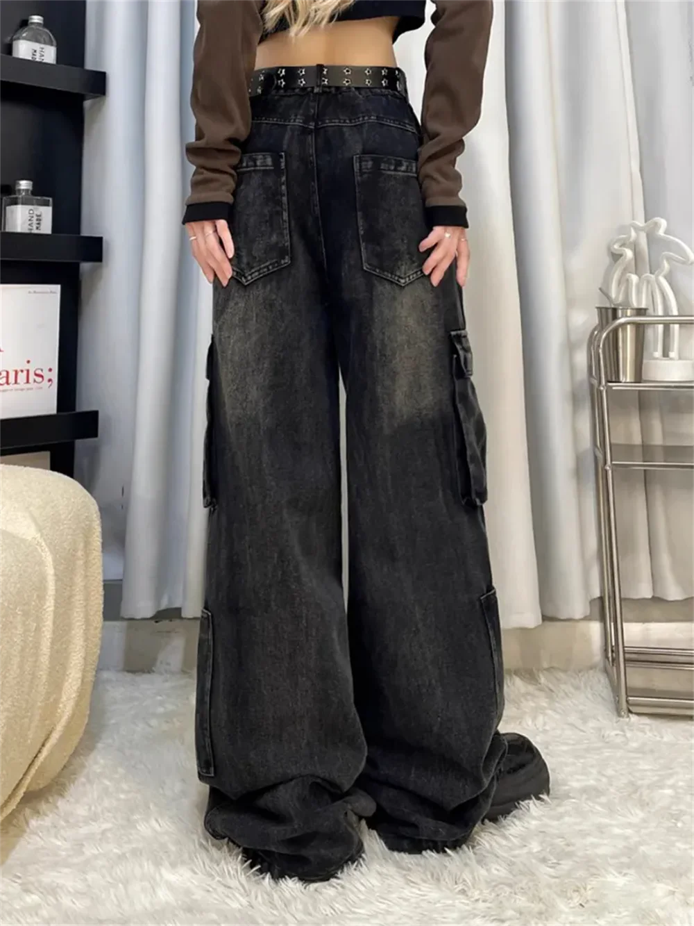 Vintage Korean 90s Aesthetic Y2k Denim Trousers Harajuku High Waist Cowboy Pants 2000s Clothes Women's Black Gothic Cargo Jeans