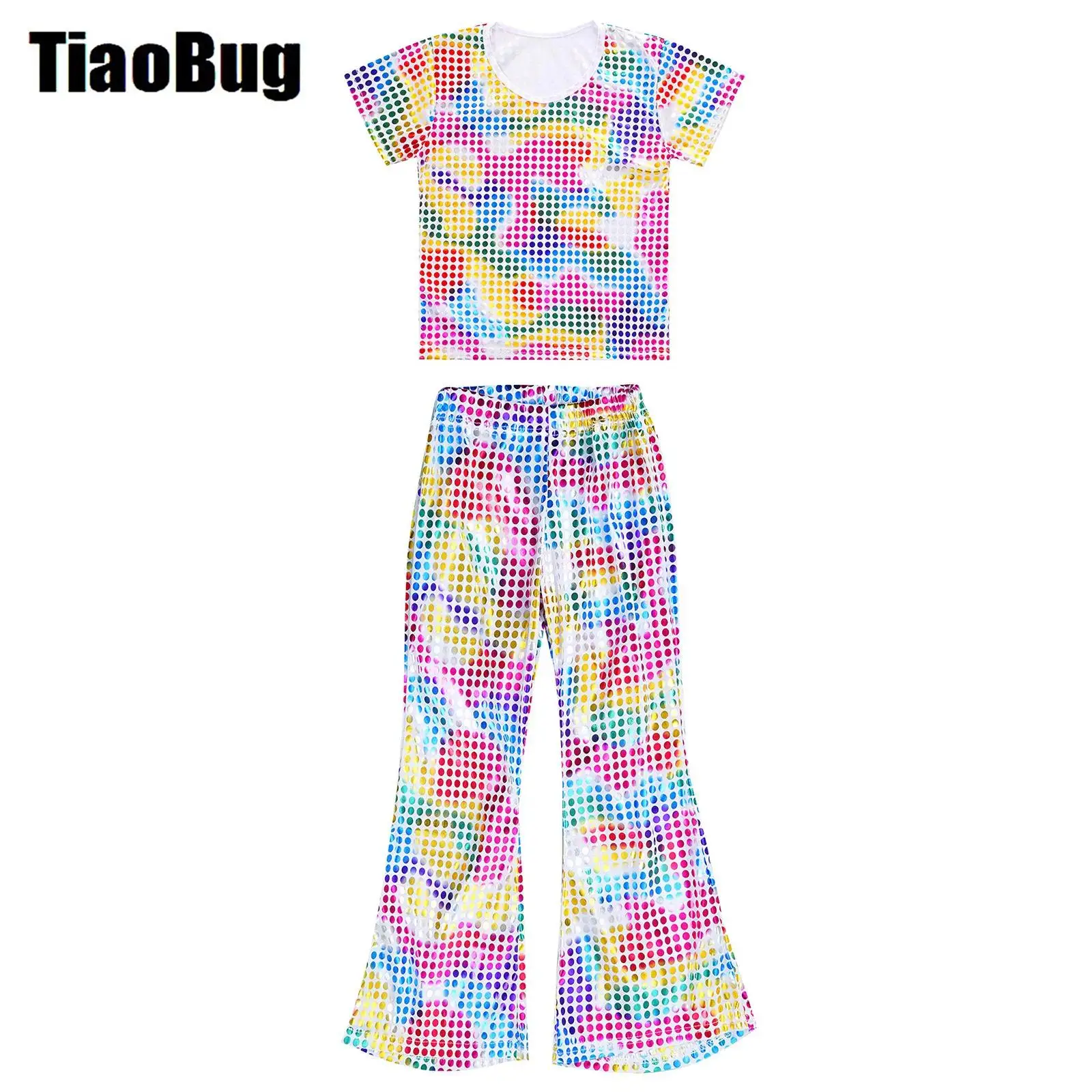 

Kids Sequins Jazz Sets Boys Girls Short Sleeve Shiny Decorated Solid Color T-shirt with Elastic Waistband Flared Pants