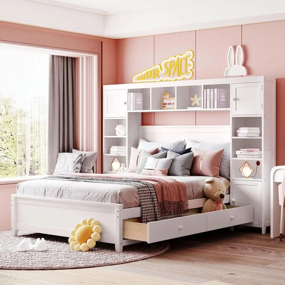 

Full Size Platform Bed with 4 Drawers, Wooden Full Bed with All-in-One Cabinet and Shelf