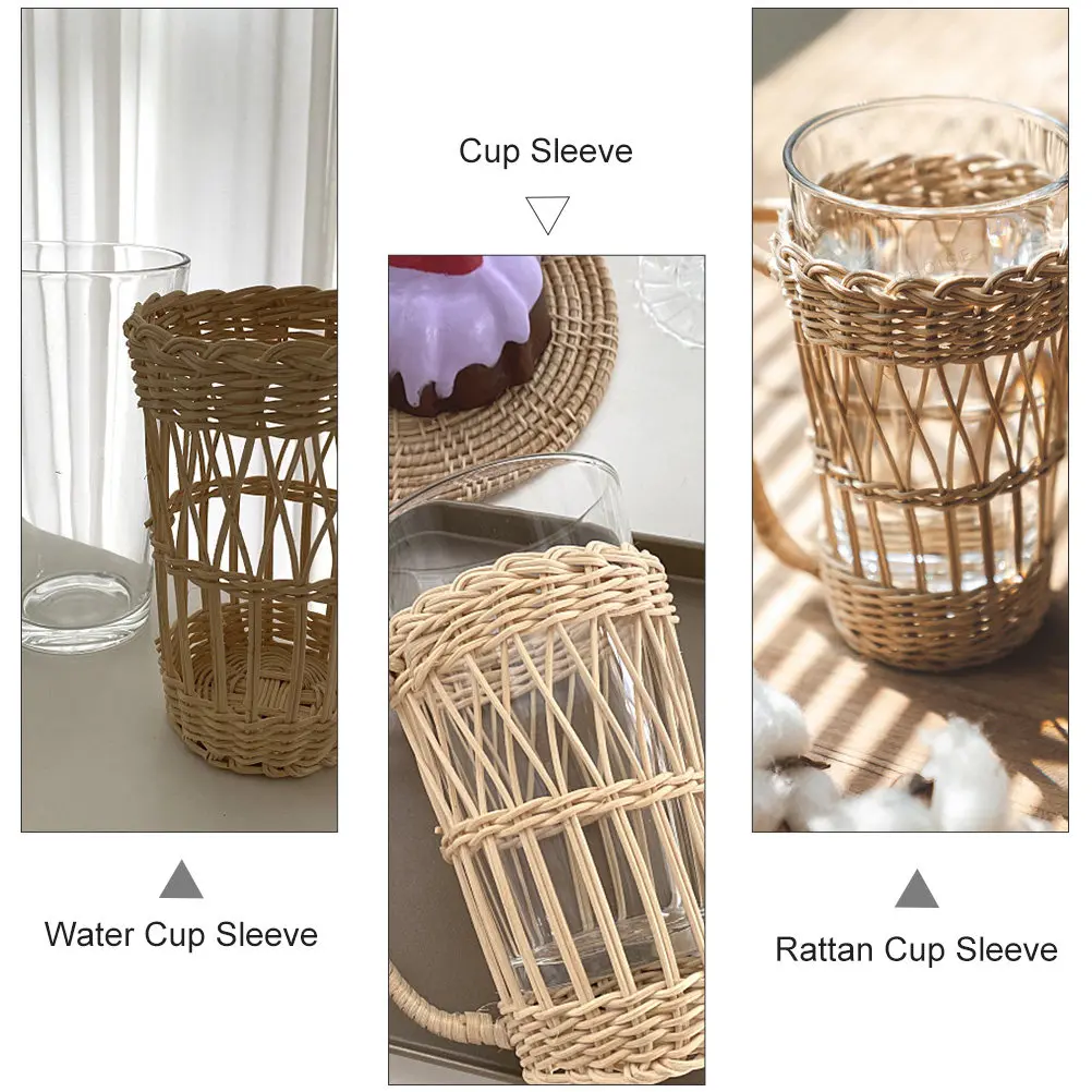 1Pcs Rattan Weaving Cup Sleeve Heat Insulation Anti-Scalding Handle Design for Coffee Tea Glass Home Bar Cafe Decoration