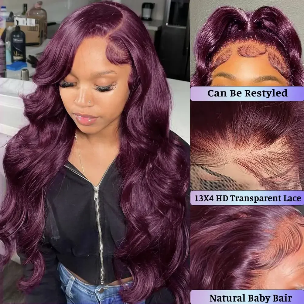 Dark Burgundy Lace Front Wig Deep Purple Body Wave Lace Front Wigs for Women Synthetic PrePlucked with Baby Hair Glueless Wigs