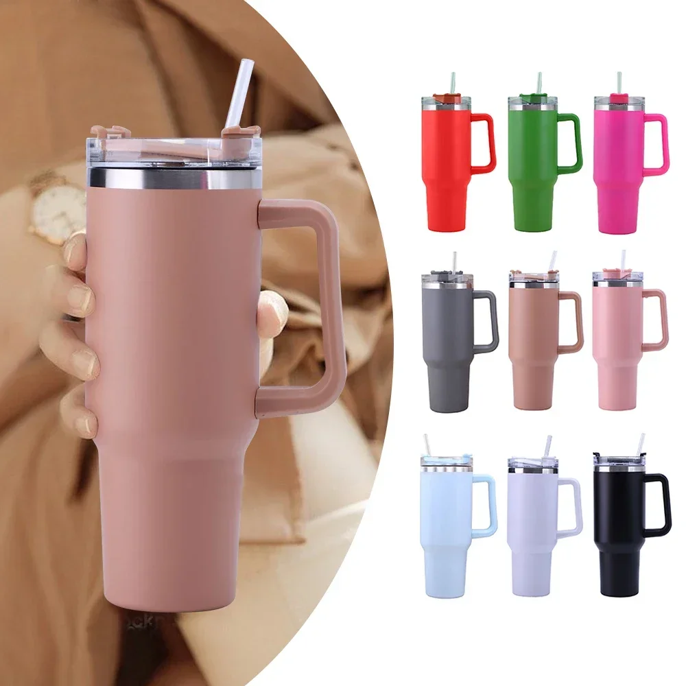 Copo de isolamento de palha 40oz com alça portátil carro aço inoxidável garrafa de água café grande capacidade viagem bpa livre caneca térmica