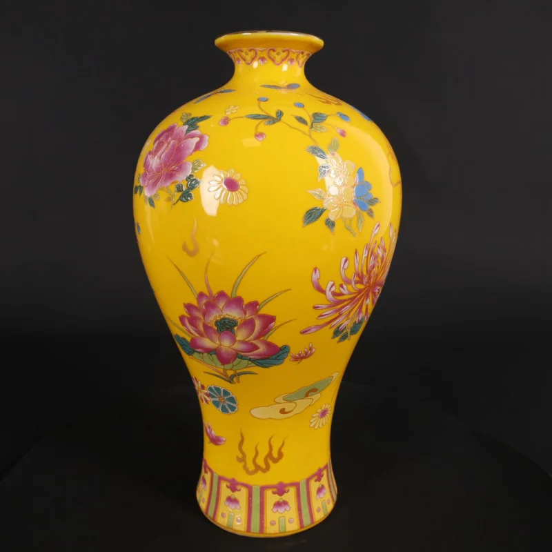 

Antique Collection Yellow Glaze Gold Dragon Pattern Plum Vase Ornament Imitation Antique Porcelain Qianlong Imperial Porcelain V
