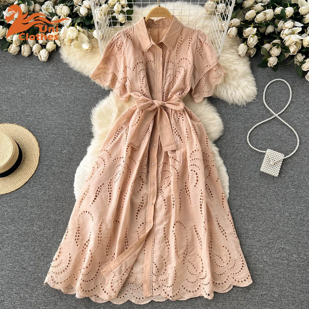 

UNI Lapel Hollow Dress Women Fashionable Short Sleeve Belt High Waist Maxi Dresses Female Summer Chic Casual Elegant Shirt