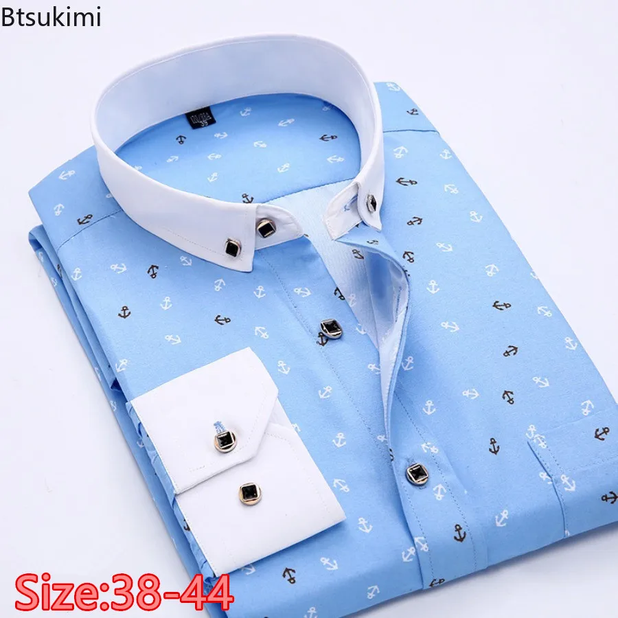 

New Men's Long Sleeve Print Shirts Fashion Casual Versatile Button-up Collar Shirts Korean Style Slim Business Social Shirt Male