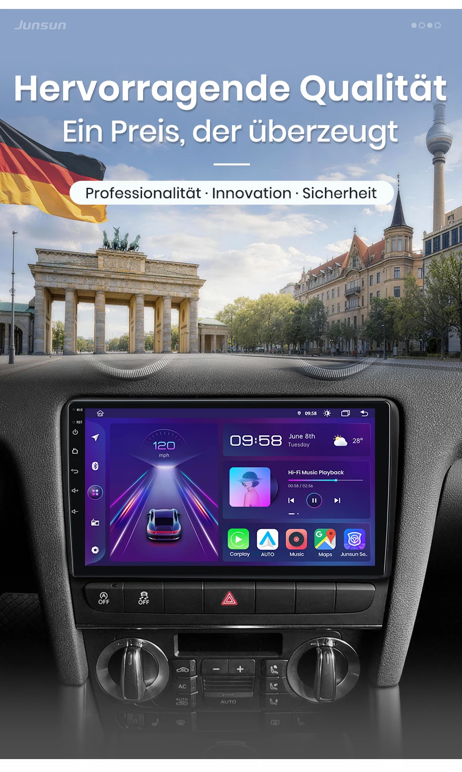 Junsun 9-Zoll Android 15 Autoradio für Audi A3 8P 2003 2004-2013, kabelloses Apple CarPlay, Auto-IPS-Bildschirm, Stereo-Multimedia-Videoplayer, intelligentes Fahrzeugsystem, 2-DIN-Autoradio-Haupteinheit, GPS-Navigation – Detail 8