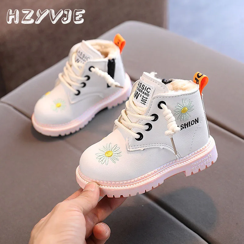 Winter New Kids Cotton Boots Fashion Little Daisy Embroidery Print Children\'s Keep Warm Shoes Short Boots Side Zipper Snow Boots