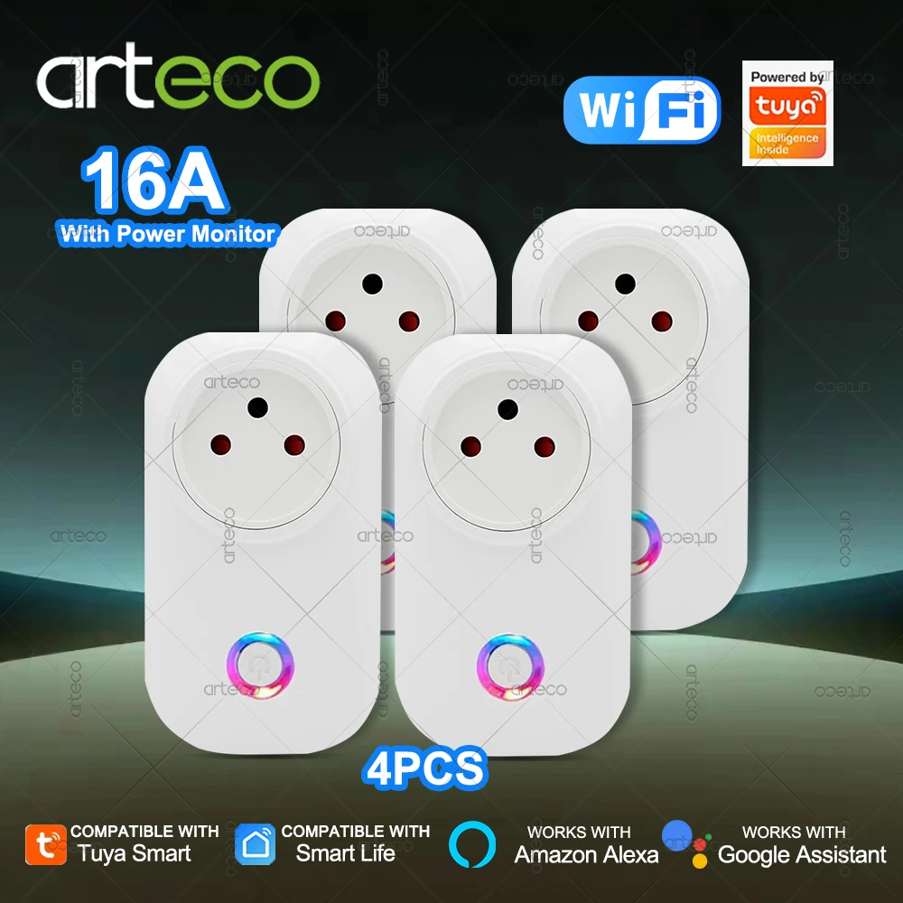 

4 шт. умная вилка Tuya, израильская розетка 16А, розетка Wi-Fi с монитором мощности, управление умной розеткой для бытовой техники, голосовая Google Home Alexa