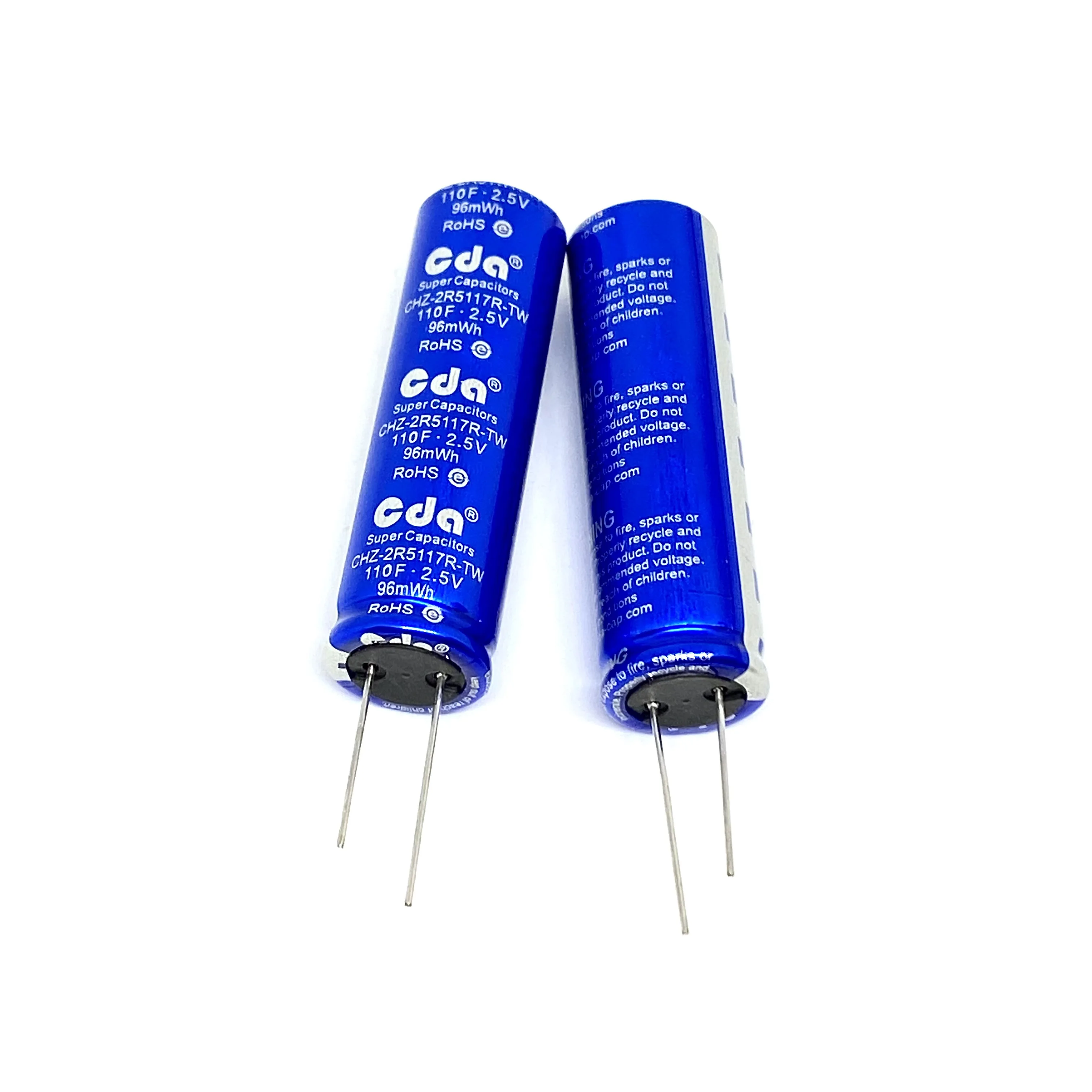 Capacitores super CDA, 2.5V, 110F, CHZ-2R5117R-TW, Capacitor Farad, 18x60mm